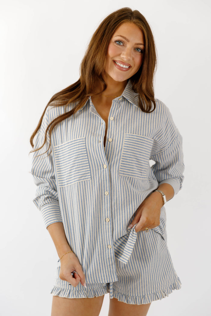 Cotton Blue and White Striped Button Down- Casual Matching Striped Set- Illa Illa Striped Set