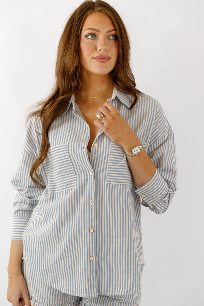 Cotton Blue and White Striped Button Down- Casual Matching Striped Set- Illa Illa Striped Set
