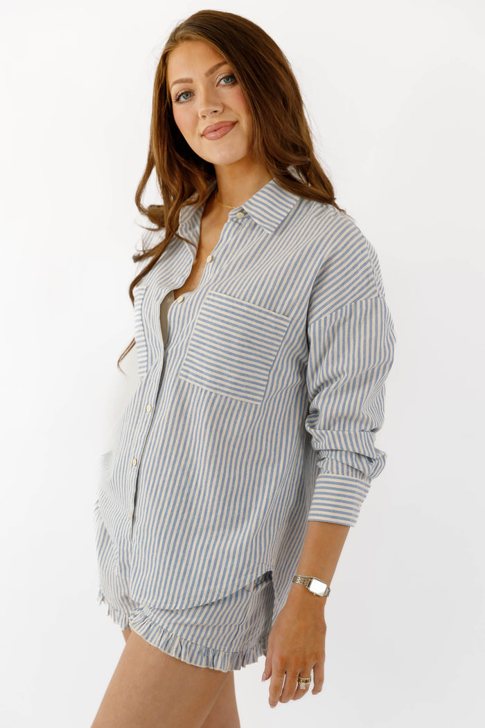 Cotton Blue and White Striped Button Down- Casual Matching Striped Set- Illa Illa Striped Set