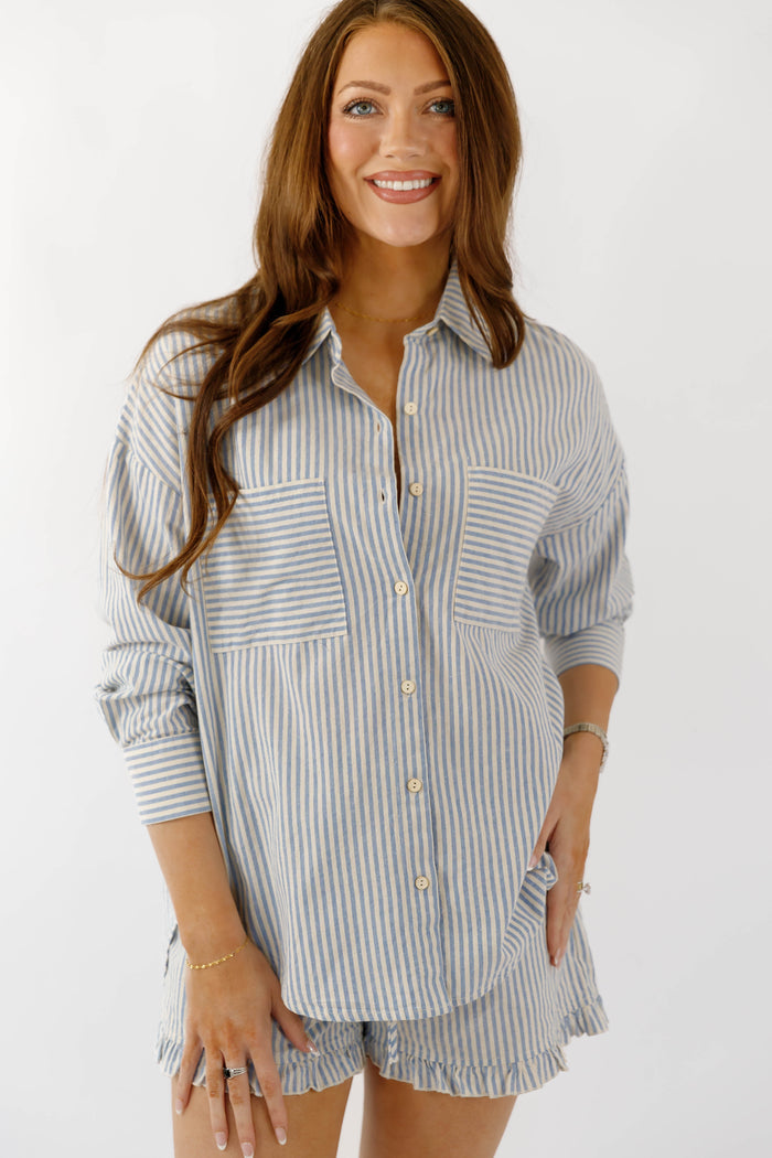 Cotton Blue and White Striped Button Down- Casual Matching Striped Set- Illa Illa Striped Set