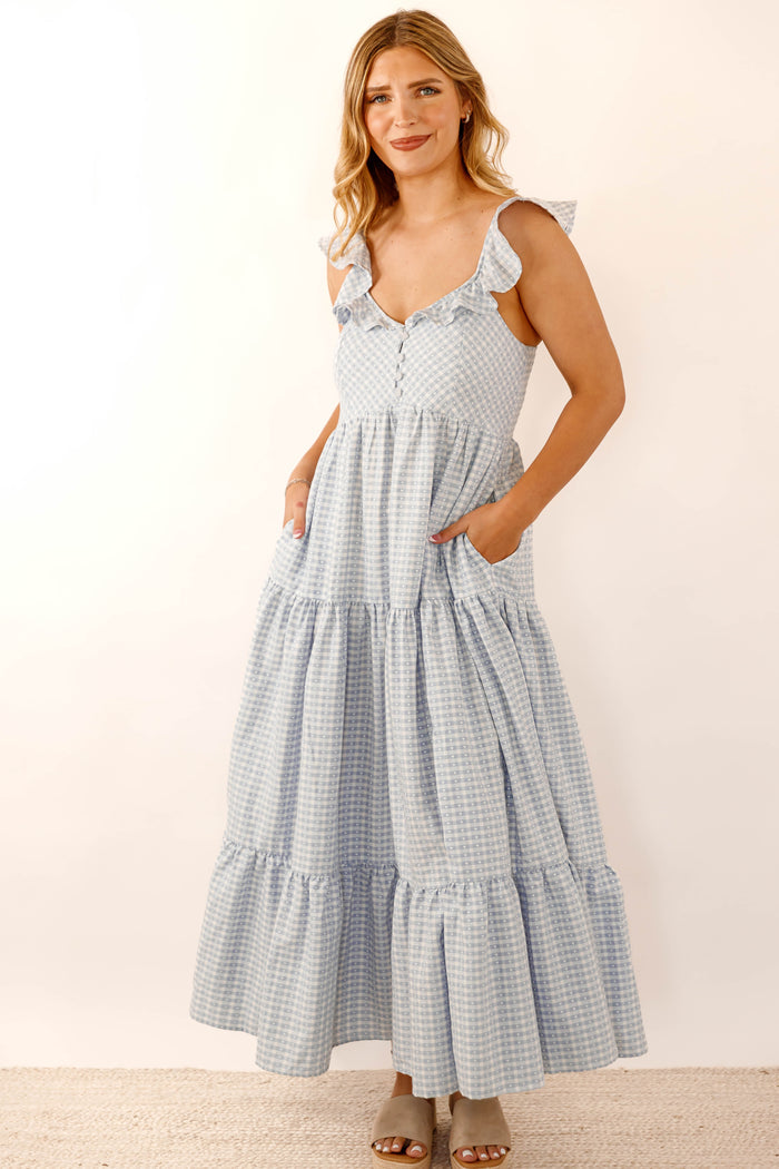 Blue Gingham Ruffle Strap Midi Dress- Feminine Blue Maxi Dress- Creamon Maxi Dress