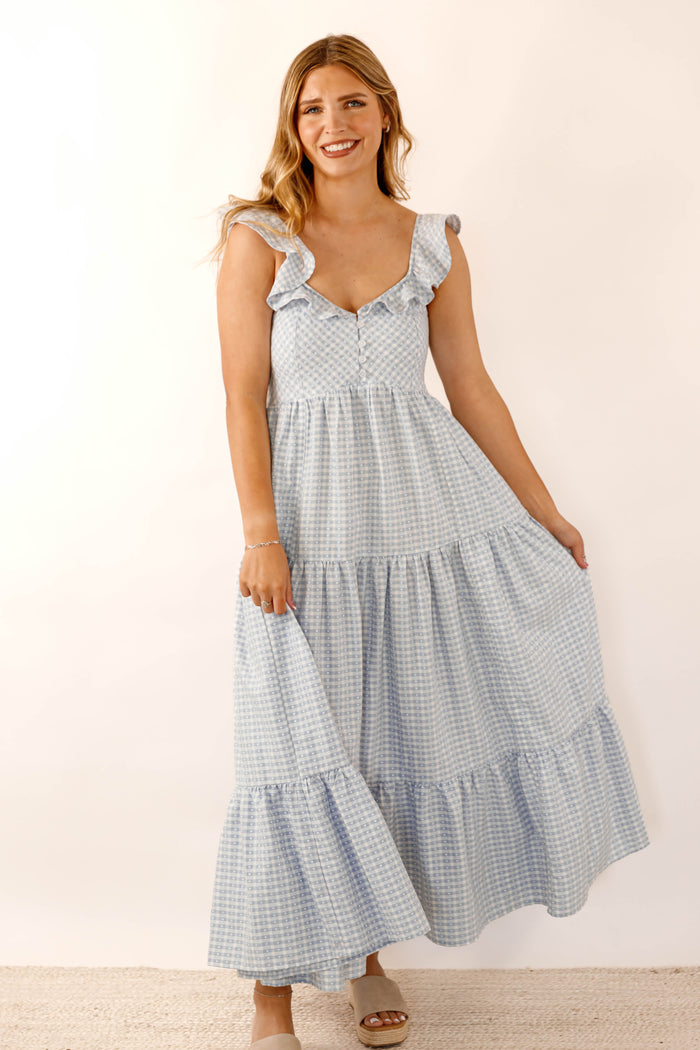 Blue Gingham Ruffle Strap Midi Dress- Feminine Blue Maxi Dress- Creamon Maxi Dress