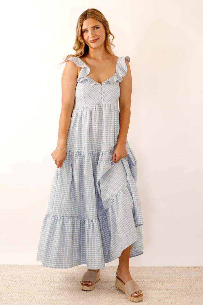 Blue Gingham Ruffle Strap Midi Dress- Feminine Blue Maxi Dress- Creamon Maxi Dress