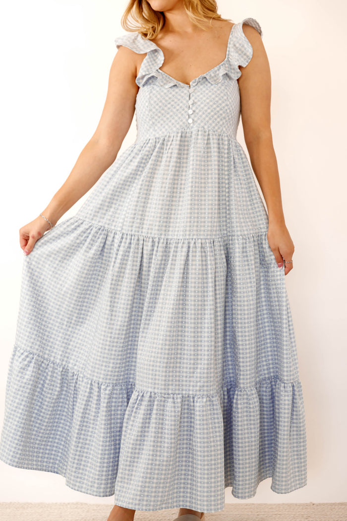 Blue Gingham Ruffle Strap Midi Dress- Feminine Blue Maxi Dress- Creamon Maxi Dress