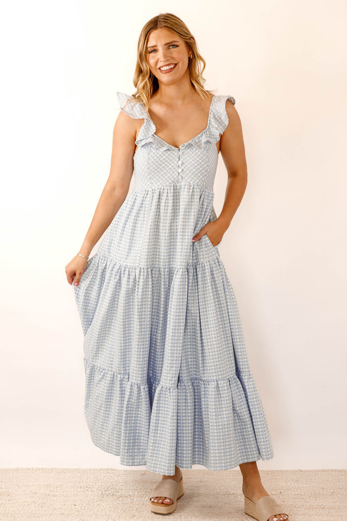 Blue Gingham Ruffle Strap Midi Dress- Feminine Blue Maxi Dress- Creamon Maxi Dress