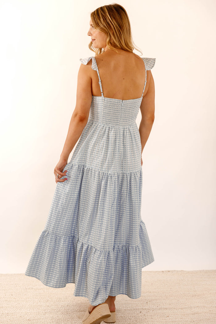 Blue Gingham Ruffle Strap Midi Dress- Feminine Blue Maxi Dress- Creamon Maxi Dress