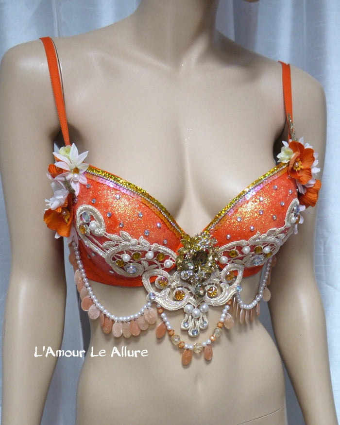 Orange Gold Glitter Mermaid  Rave Bra Siren Costume