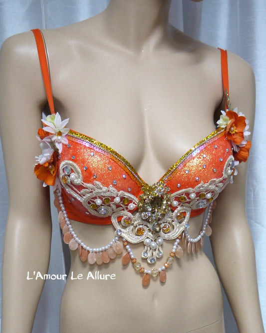 Orange Gold Glitter Mermaid  Rave Bra Siren Costume