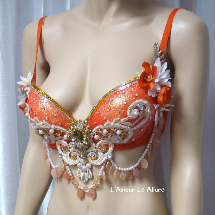 Orange Gold Glitter Mermaid  Rave Bra Siren Costume