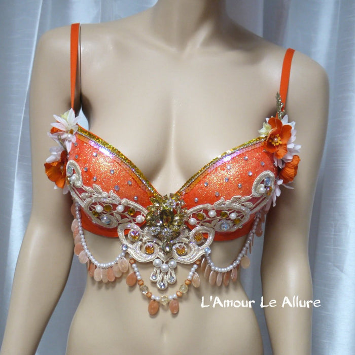 Orange Gold Glitter Mermaid  Rave Bra Siren Costume