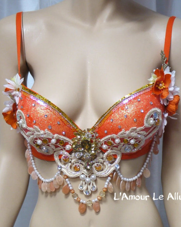 Orange Gold Glitter Mermaid  Rave Bra Siren Costume