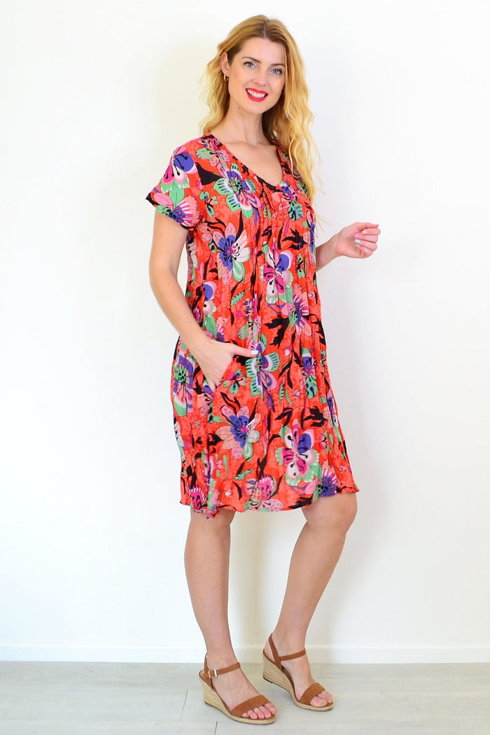 Orange Nicola dress tunic by One Summer featuring cap sleeves and a casual, flowy fit, showcased in a full-front view.