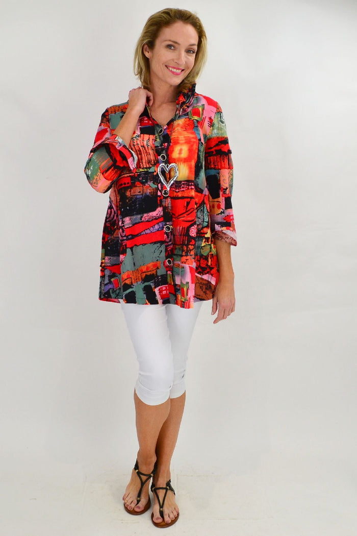 Orange train-shaped high collar tunic shirt by Ruby Rain, featuring a stylish design and comfortable fit.