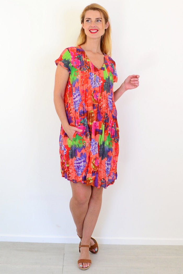 Orange tropical Nicola dress tunic by One Summer, cap sleeve design, lightweight fabric, casual summer fashion.