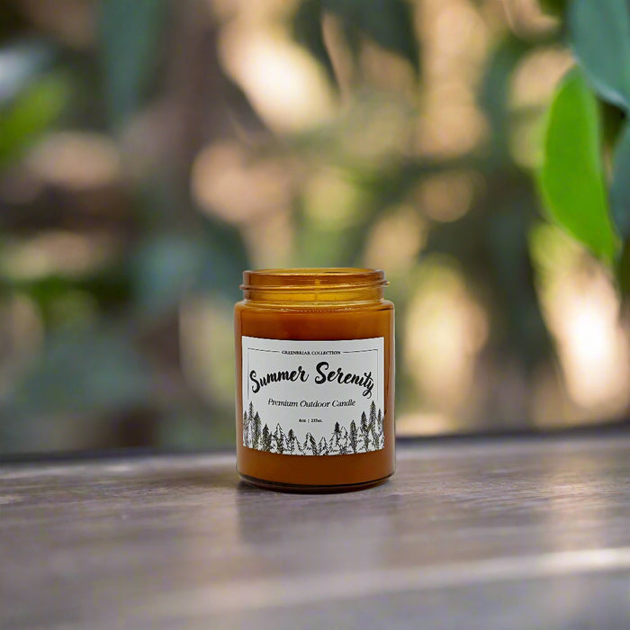 Summer Serenity outdoor soy candle in amber glass jar – handcrafted in Calgary for patios and camping