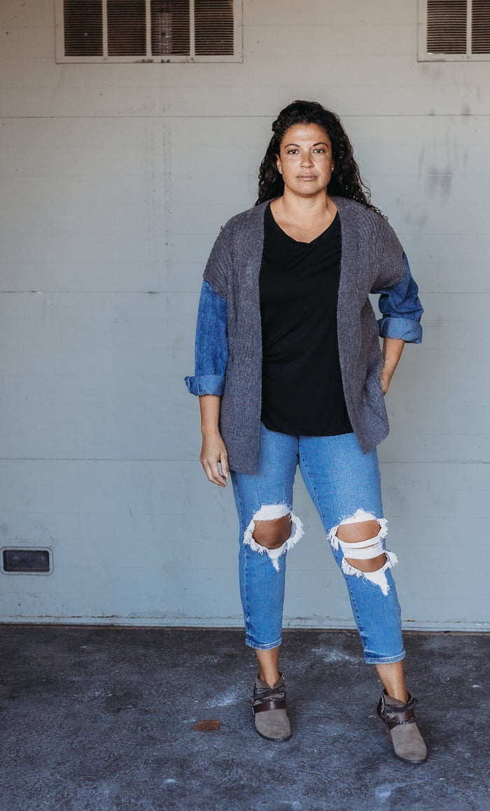 Oversize Sweater Cardigan with Denim Sleeve