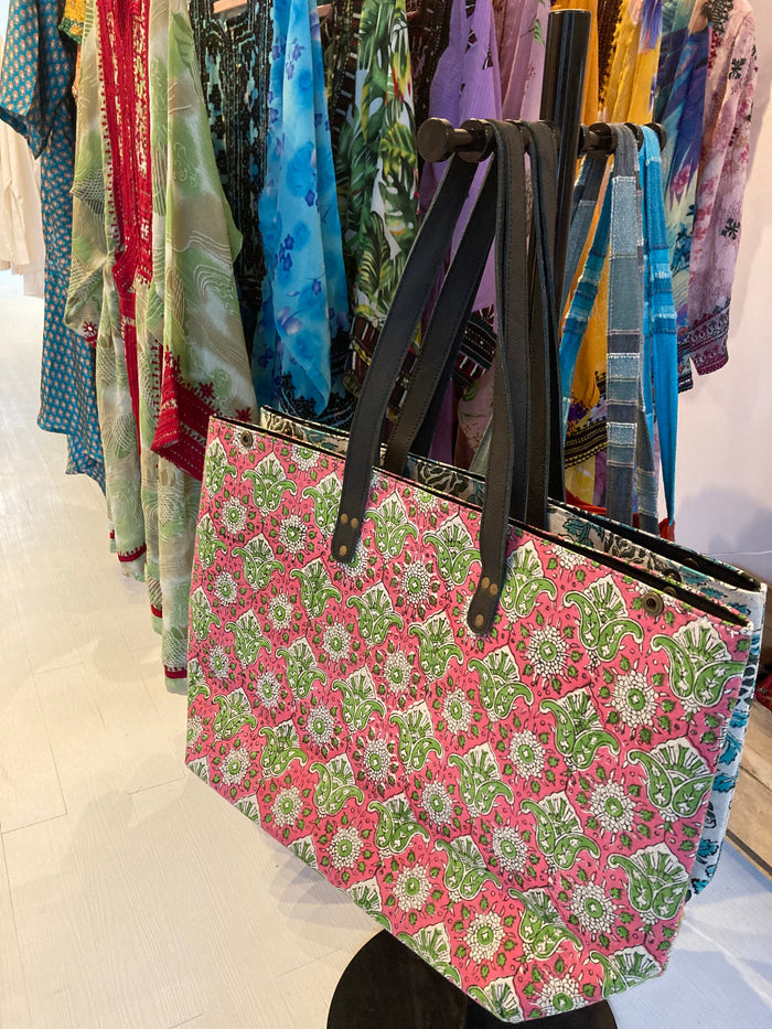 Oversized Blockprint Bags with Leather Straps (Made with Vintage Upcycled Materials)