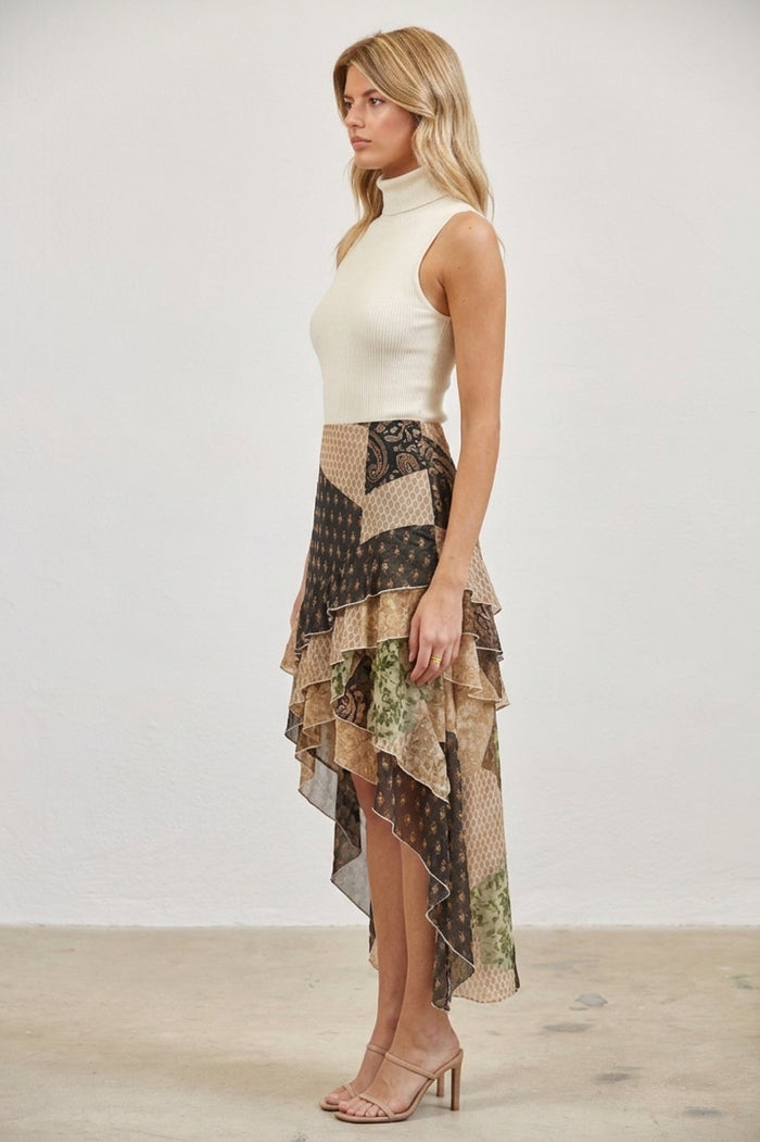 Patchwork Print Asymmetrical Tiered Midi Skirt