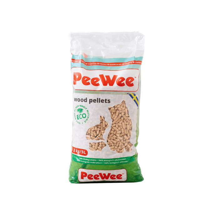 A 3kg bag of PeeWee wood pellets for rabbits and cats, featuring a white and green package with red branding and images of rabbit and cat silhouettes filled with the wood pellets.