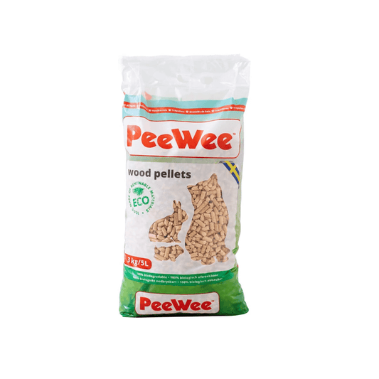 A 3kg bag of PeeWee wood pellets for rabbits and cats, featuring a white and green package with red branding and images of rabbit and cat silhouettes filled with the wood pellets.