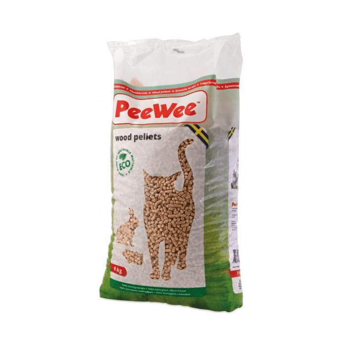 A 9kg bag of PeeWee wood pellets for cats and rabbits, featuring a white and green package with red branding and images of rabbit and cat silhouettes filled with the wood pellets.