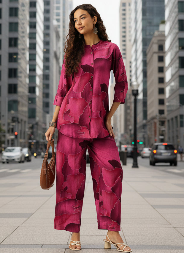 Pink Abstract Printed Co-Ords, Pink Printed Co-Ords, Pink printed co-ords set for women with matching top and pants