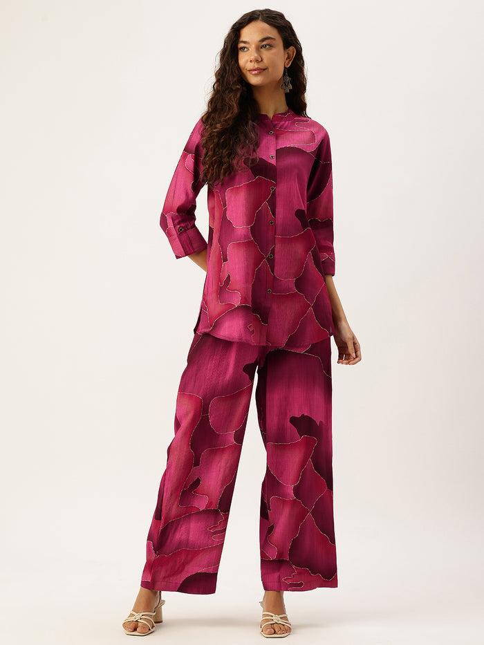 Pink Abstract Printed Co-Ords, Pink Color, Short Kurta and Pant set, 3/4th Sleeve