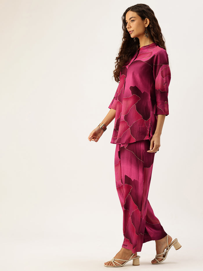 Pink Abstract Printed Co-Ords, Pink Color, Short Kurta and Pant set, 3/4th Sleeve