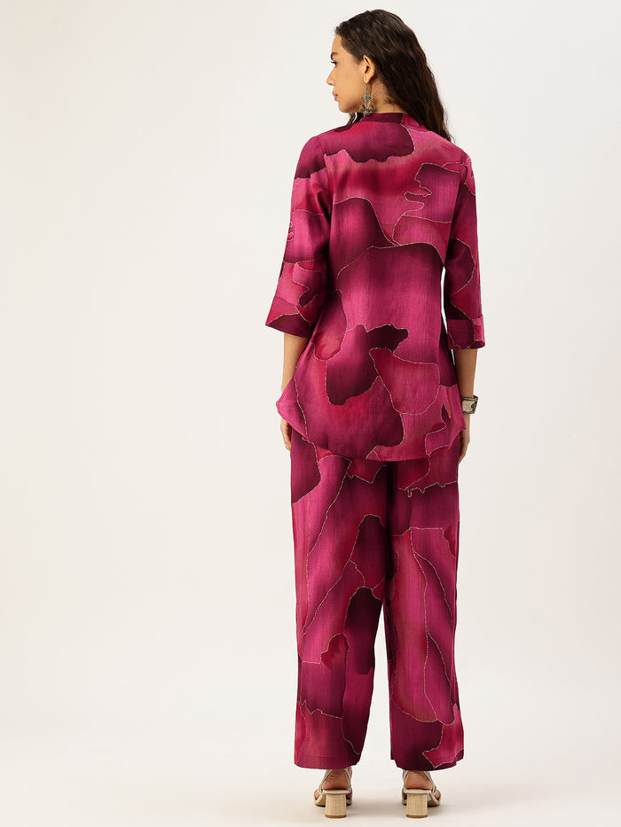Pink Abstract Printed Co-Ords, Pink Color, Short Kurta and Pant set, 3/4th Sleeve
