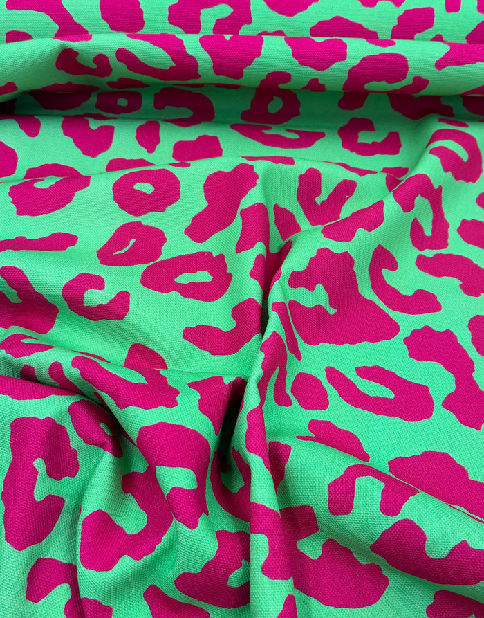 Pink & Green Leopard Print Cotton Canvas Fabric