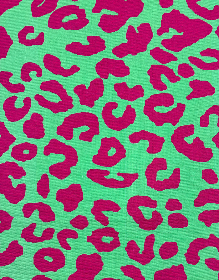 Pink & Green Leopard Print Cotton Canvas Fabric