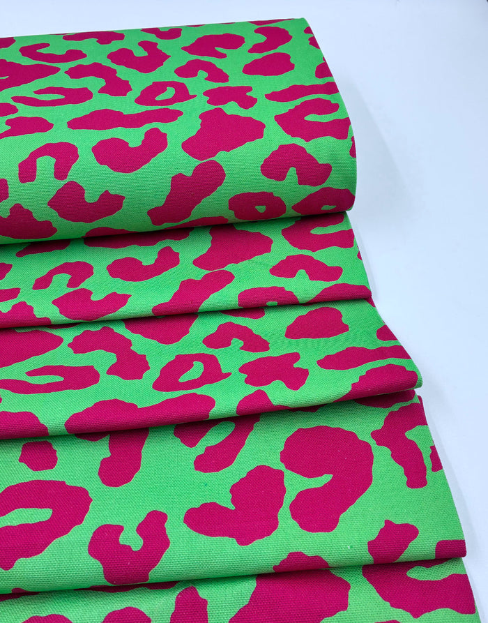 Pink & Green Leopard Print Cotton Canvas Fabric