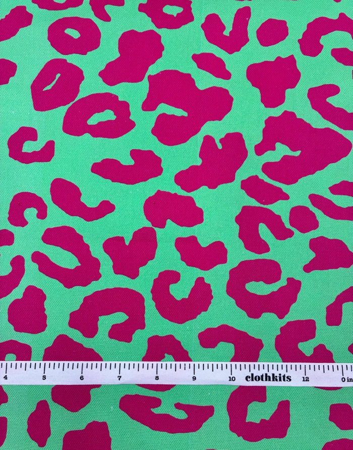 Pink & Green Leopard Print Cotton Canvas Fabric
