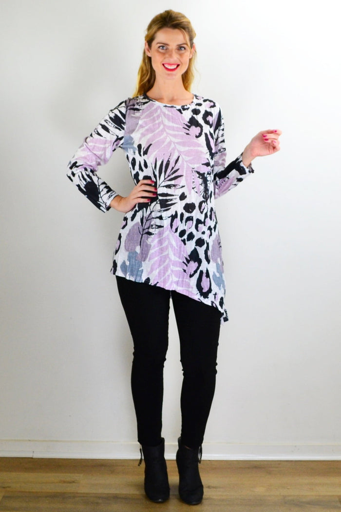 Pink jungle print crinkle tunic top by Cafe Latte, featuring a flowy design with vibrant tropical patterns and relaxed fit.
