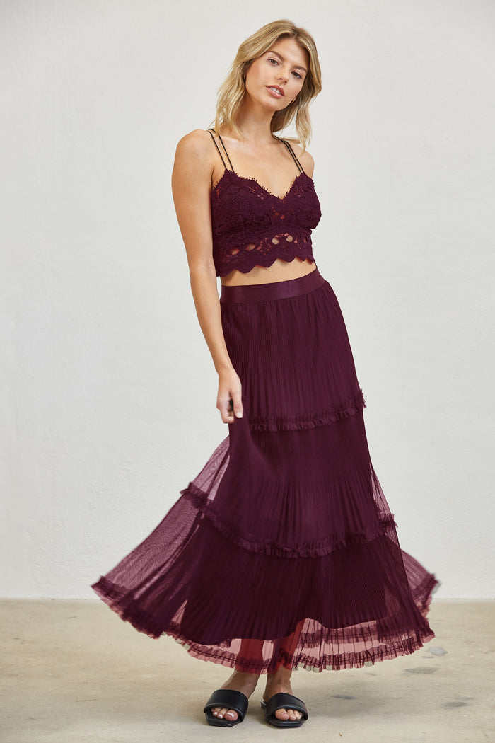 Pleated Tiered Mesh Maxi Skirt - Merlot