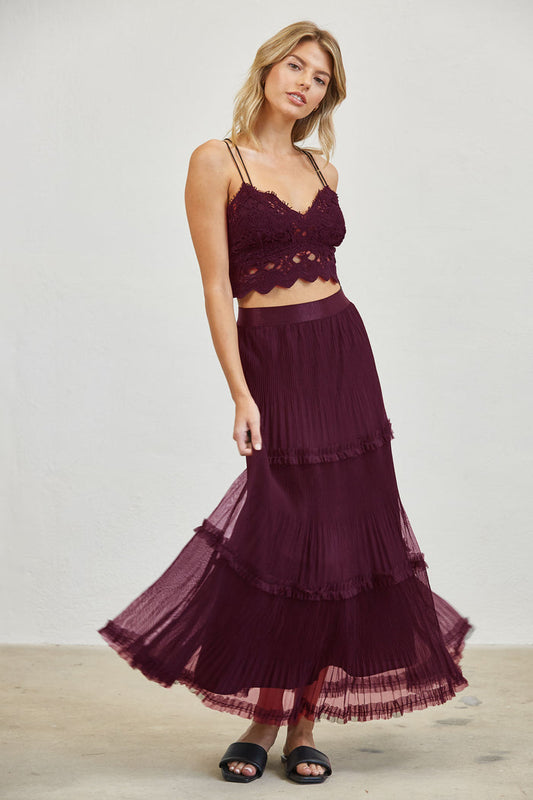 Pleated Tiered Mesh Maxi Skirt - Merlot
