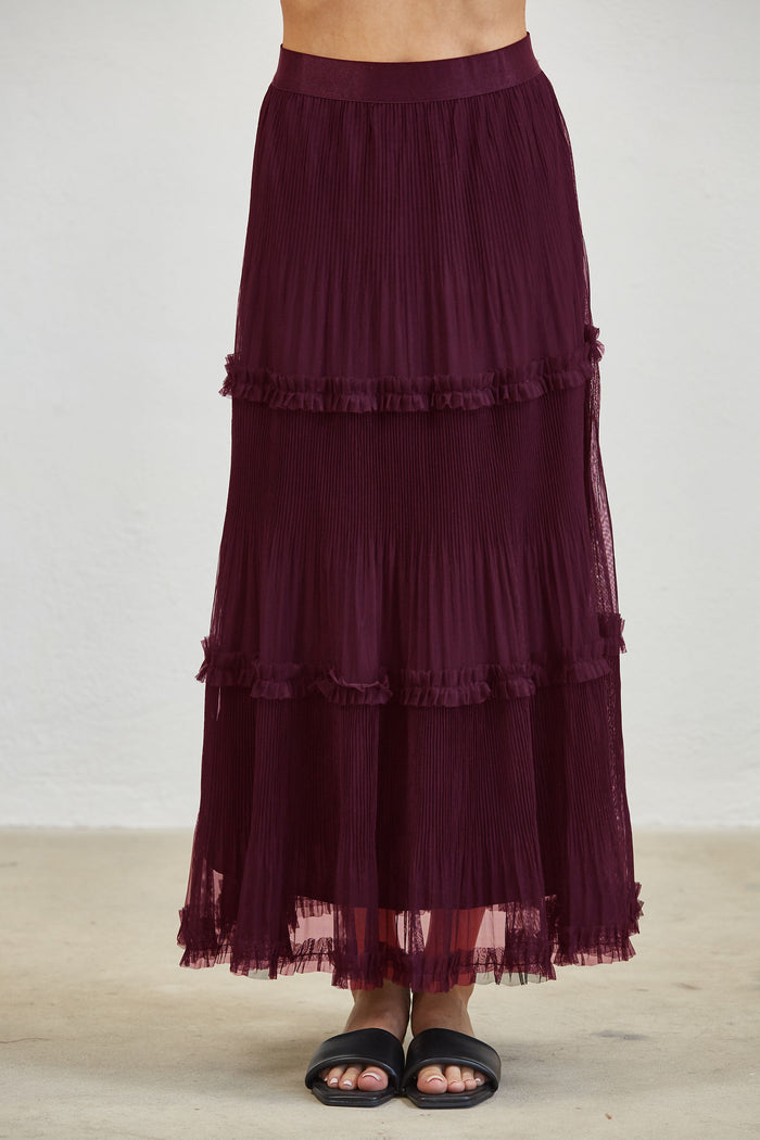 Pleated Tiered Mesh Maxi Skirt - Merlot