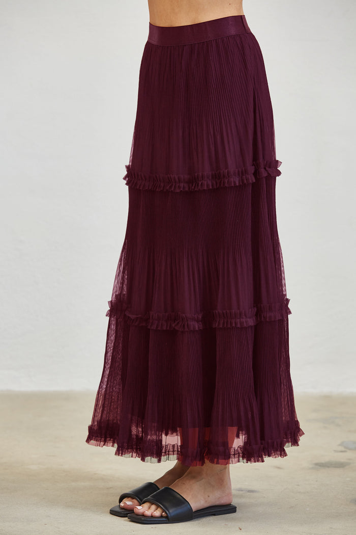 Pleated Tiered Mesh Maxi Skirt - Merlot