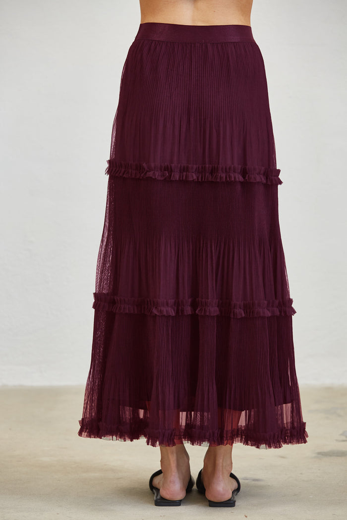 Pleated Tiered Mesh Maxi Skirt - Merlot