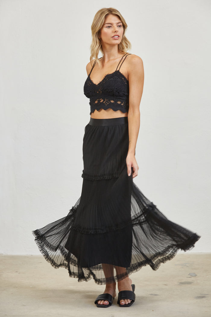 Pleated Tiered Mesh Maxi Skirt - Merlot