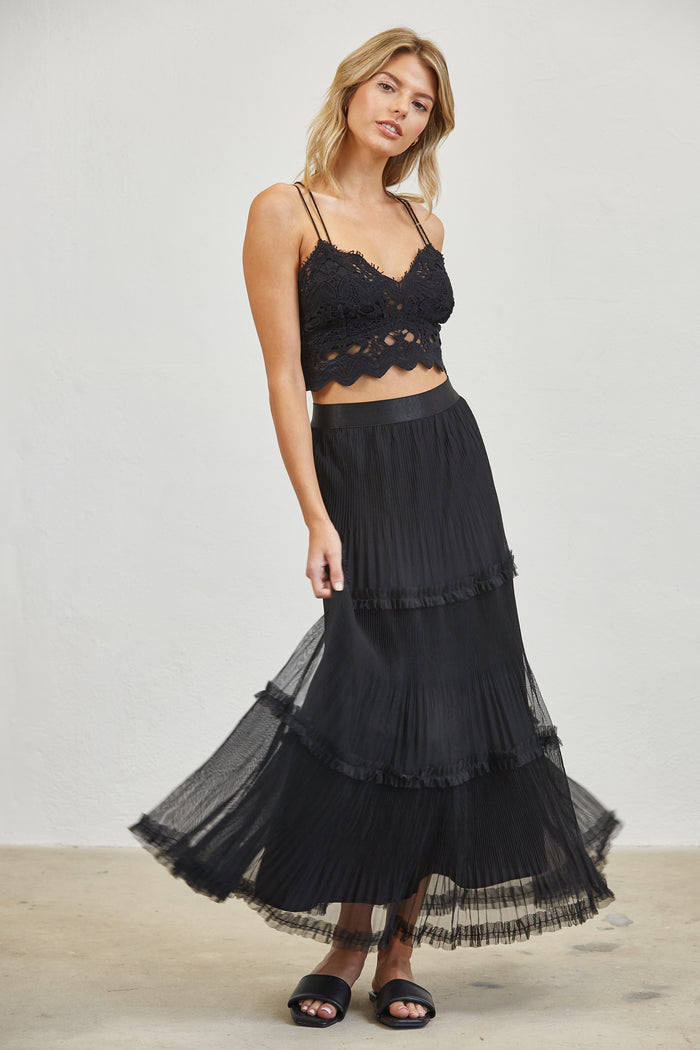 Pleated Tiered Mesh Maxi Skirt - Merlot
