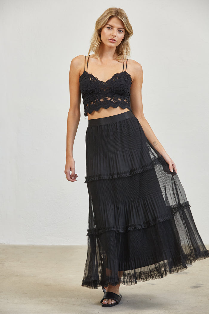Pleated Tiered Mesh Maxi Skirt - Merlot