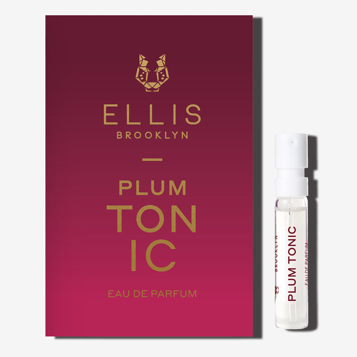 PLUM TONIC 1.5ml Eau De Parfum Vial next to red ombre PLUM TONIC Eau De Parfum vial holder card on white background.