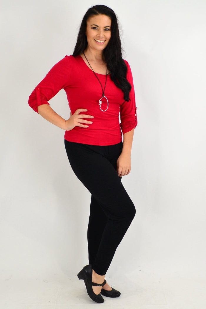 Plus size black leggings by Room to Move, made in Australia, shown styled with a tunic, focus on comfortable, fitted design.
