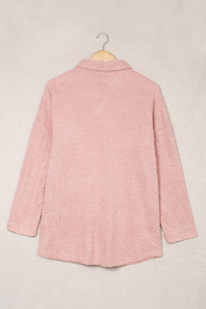 Plush Button Down Pocketed Shirt Shacket - Pink