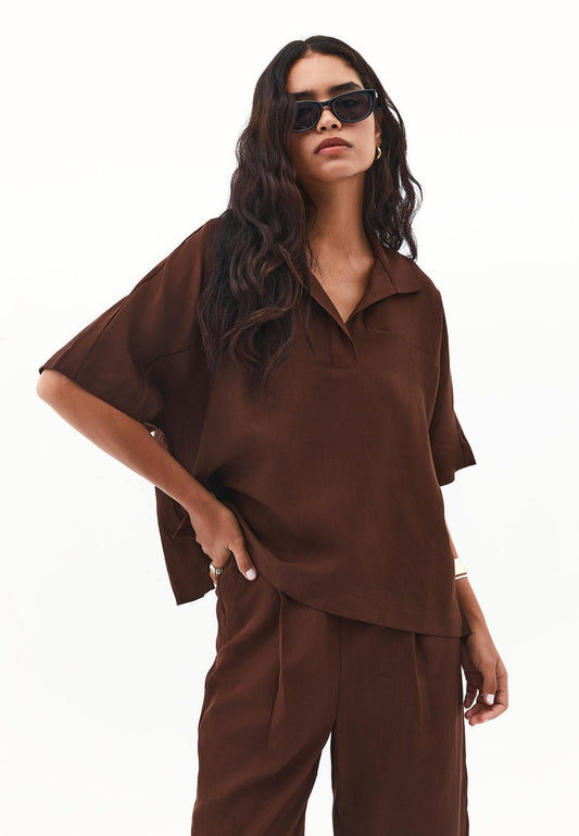 Polo Collar Oversize Blouse - CHICORY COFFEE