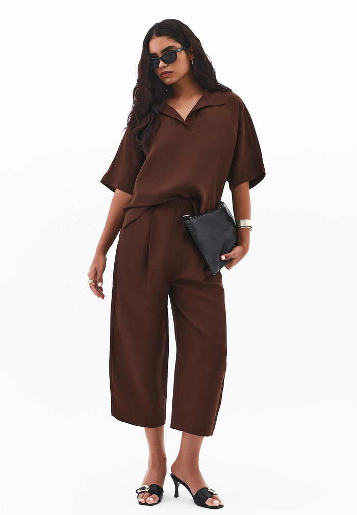 Polo Collar Oversize Blouse - CHICORY COFFEE