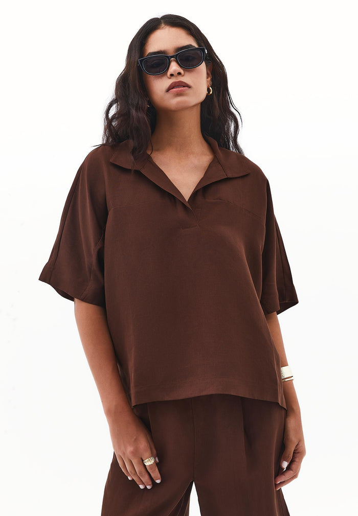 Polo Collar Oversize Blouse - CHICORY COFFEE