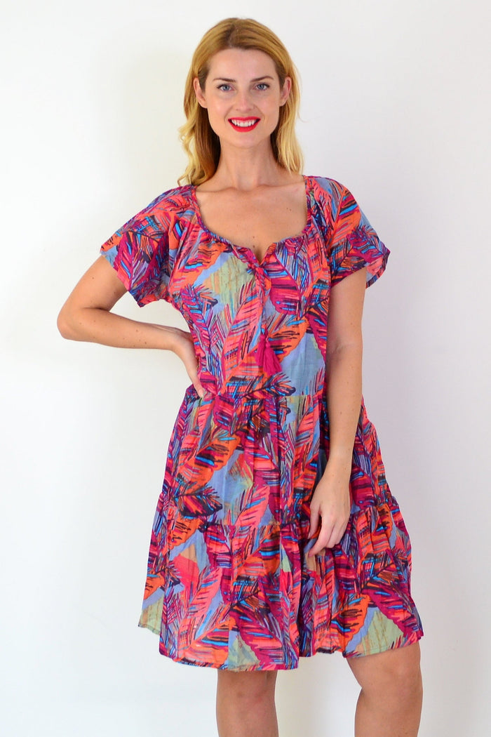 Poppy palm leaves print cap sleeve tunic dress by One Summer, featuring a flowy fit and vibrant tropical design
