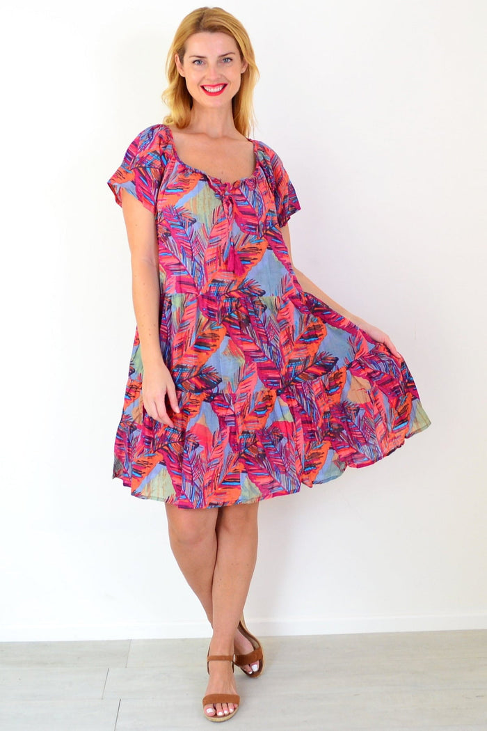 Poppy palm leaves print cap sleeve tunic dress by One Summer, lightweight and stylish with a tropical floral design.